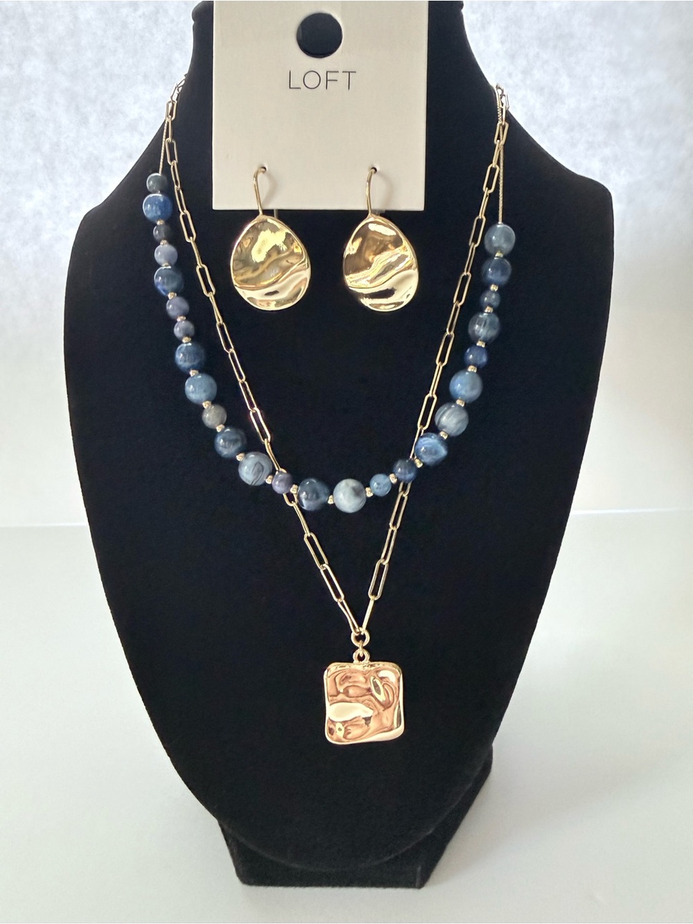 NWT LOFT SET Blue Beaded Hammered Necklace & Hammered Earrings